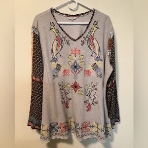 John mark 2X peacock floral tunic top blouse embroidered artsy office casual